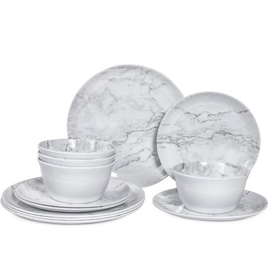 Gofunfun 12-Piece Melamine Dinnerware Sets, Modern White Round Dish Set for 4