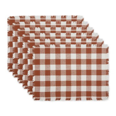 Dii Fringed Check Tabletop, Placemat Set, 13X19, Cinnamon, 6 Piece