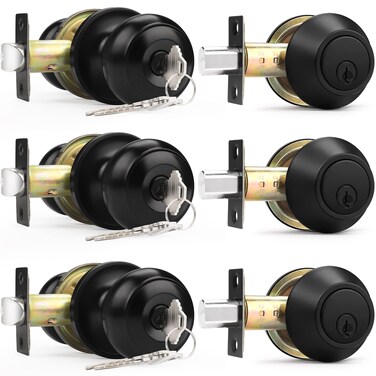 Probrico Entry Door Knobs Lock Set and Single Cylinder Deadbolt Combination Set, Entry Door Locksets with Deadbolt Same Key Flat Black (3 Pack), Keyed Alike