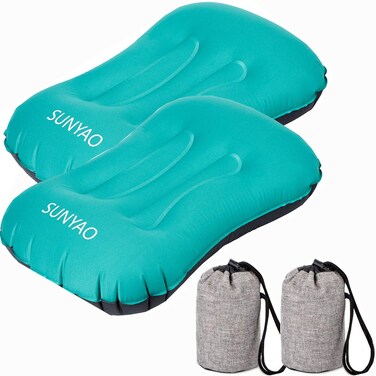 Sunyao 2 Pack Set Ultralight Inflatable Camping Pillows with Compact Pouch Sack Ergonomic Pillow for Neck &amp; Lumbar Support While Camping, Backpacking Hiking