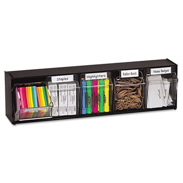 Deflecto Tilt Bin Interlocking Multi-Bin Storage Organizer, 5 Sections, 23.63" X 5.25" X 6.5", Black/Clear