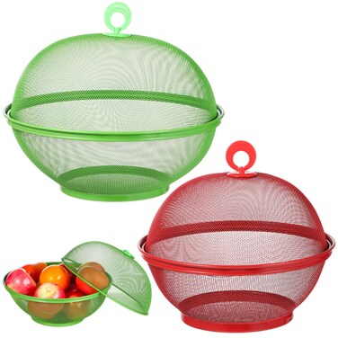 Omistar 2 Pcs Mesh Fruit Baskets, Summer Mesh Wire Bowls with Lids, Metal Protective Fruit Holders, Countertop Vegetable Strainers, Food Storage Containers for Kitchen, 11.2" & 9.8