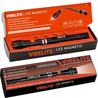 Vibelite Magnetic Pickup Tool with LED, Telescoping Magnet Flashlight, Black
