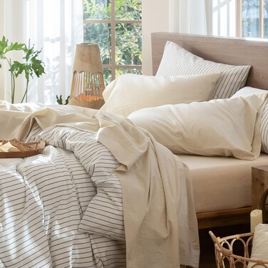 MooMee Sheet Set 100% Washed Cotton Lived-in Extra Deep Pocket Queen