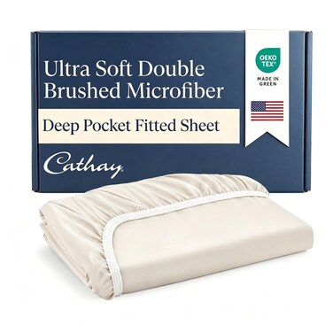 Cathay Home Twin Fitted Sheet Only, 14" Deep Pocket Soft, Coconut Milk