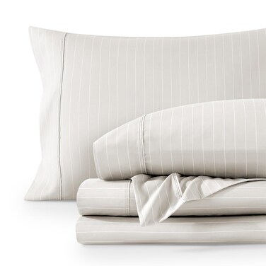 Bare Home Printed Sheet Set (Split King, Pinstripe - Stone/White)