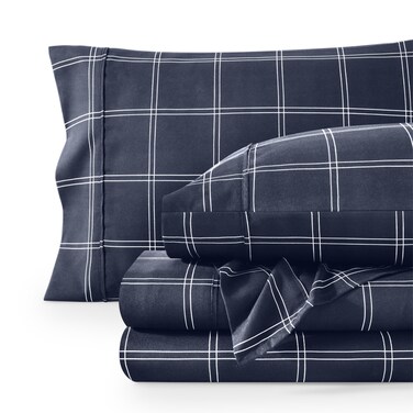 Bare Home Printed Sheet Set (Queen, Modern Plaid - Midnight/White)