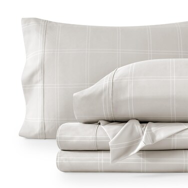 Bare Home Printed Sheet Set (Queen, Modern Plaid - Stone/White)