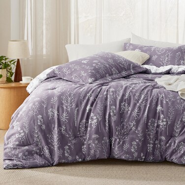 Bedsure Floral Comforter Set Cute Bedding Queen Reversible Grayish Purple