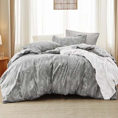 Bedsure Floral Comforter Set Cute Bedding Set King Reversible Grey