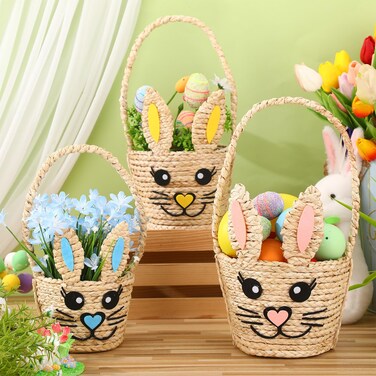 SiliFine 3 Pack Woven Straw Bunny Baskets with Handle, 3 Sizes, Rabbit