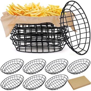 Hushee 12 Pcs Wire Fast Food Baskets Bulk, Bread Chip Basket, Black Oval