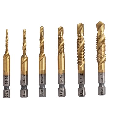 Focmkeas 6 Pcs Combination Drill and Taps Bit Set, Bsw, Ti-Plating