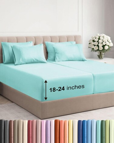 CGK Unlimited Cgk Extra Deep Split King Sheet Set - 7PC Cooling Sheets - Spa Blue