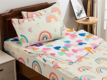 Ntbed Rainbow Printed Zipper Bedding Sets Twin Lightweight Microfiber Heart Comforter Set with Fitted Sheet Pillow Covers, Beige