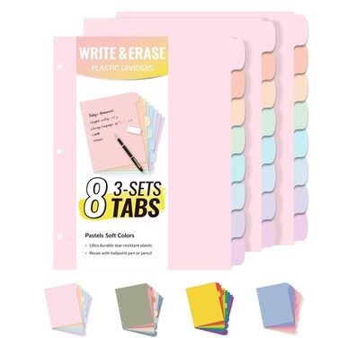 Sooez 8 Tabs Plastic Write &amp; Erase Binder Dividers with Tabs, 3 Sets