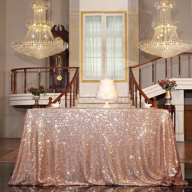 PartyDelight Rose Gold Sequin Tablecloth 48X72 Inch Rectangular