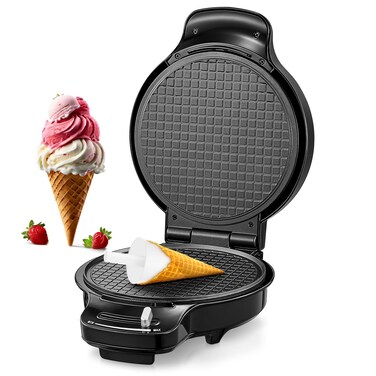 Fohere Waffle Cone Maker Machine and Ice Cream Bowl Maker with Temperature Control, Double Side Nonstick Waffle Bowl Maker with Cone Roller, 7.5 Thin Waffle Maker for Home Kitchen (Black)