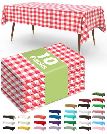 Pureegg Plastic Table Cloth Disposable 54X108 Inch 10 Pack, Red Plaid