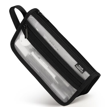 Four Candies Grid Mesh Pencil Case, Clear Double-Layer with Handle (Black)