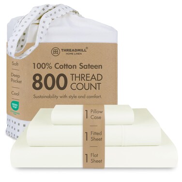 Threadmill 800 Thread Count Cotton Twin Sheet Set, Sateen, Solid, Cream