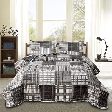 Jessy Home King Size Bedspread Set - Plaid Patchwork Stripe Modern Quilt Bedspread Bedding - Soft Lightweight Reversible Home Bedding - Black, White, Grey