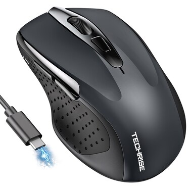 TechRise Bluetooth Mouse (BT5.0/3.0 &amp; 2.4G) Rechargeable Wireless Mouse, 4800 Dpi Optical Tracking, 6 Adjustable Dpi, 2.4GHz with USB a Receiver, Quiet Clicks, Ergonomic Grips, 6 Buttons - Grey