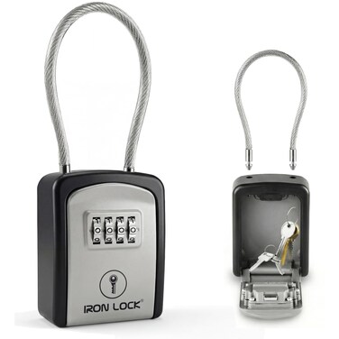 Iron Lock Key Lock Box with Code, Portable Cable Shackle (Small, Grey)