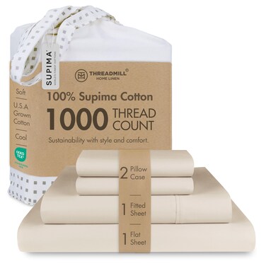 Threadmill 1000 Thread Count Supima Cotton Calking Sheet Set, Sateen, Beige