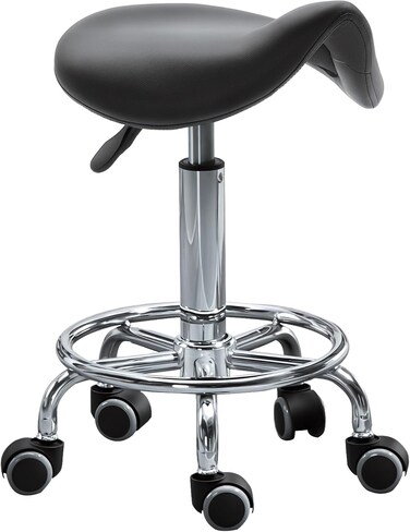 HOMCOM Rolling Saddle Stool, PU Leather Adjustable Stool with Wheels, Black