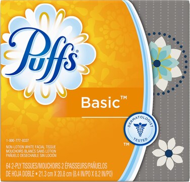 Puffs Basic Facial Tissues; 64 Count; 1 Cube Box (64 Tissues in Box) (