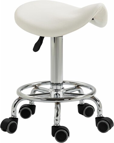 Homcom Rolling Saddle Stool, Pu Leather Adjustable Stool with Wheels, White