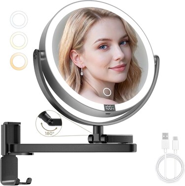 Brightown 8" Wall Mounted Makeup Mirror with Lights &amp; Magnification 1X/10X