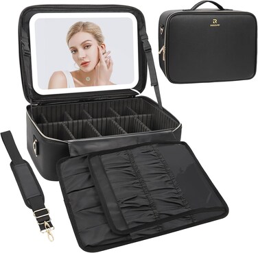 Chomeiu Large Makeup Bag with LED Mirror, Make up Case with Shoulder Strap