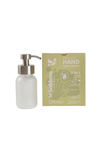 Soldove Hand Soap Sheet Bundle - 1 Pack (30 Sheets Total) + Refillable Glass Dispenser