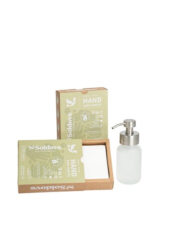 Soldove Hand Soap Sheet Bundle - 2 Packs (60 Sheets Total) + Refillable Glass Dispenser
