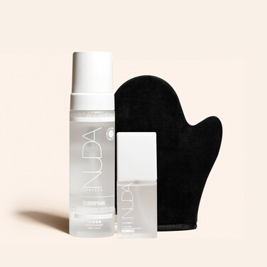 Nuda Cloudmist Express Face Tan Water + Cloudfoam Express Self Tanning Mousse + Tanning Mitt Rapid Self Tan Kit with Powerglow+ Develops in 1-3 Hours