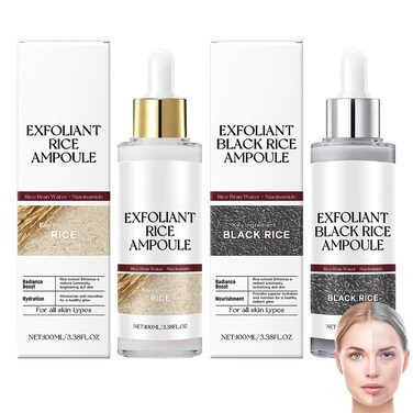 Birunwer Rice Exfoliant Ampoule Duo, Black and White Face Peeling Solution, Moisturizing Pore Minimizer, 2-Pack, 100ML