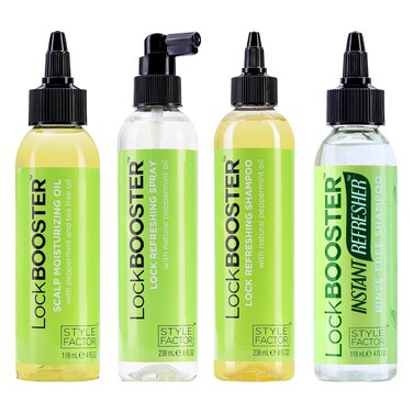 Style Factor Lockbooster Refresher Line Bundle - Instant Refresher Rinse-Free Shampoo, Refreshing Shampoo, Refreshing Spray &amp; Scalp Moisturizing Oil with Peppermint &amp; Tea Tree - for Locs and Braids