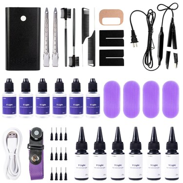 Cara V Light Hair Extensions Kit V-Light Extension Machine V-Light Extension Remover Machine.V-Light Glue 20G 6 V Light Glue Remover Solution 20ML 6(Black Machine Set 2)
