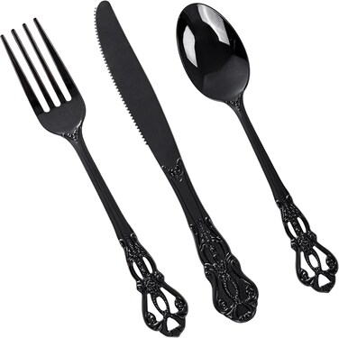 Joyido 150PCS Black Plastic Silverware Set Elegant for Halloween &amp; Wedding