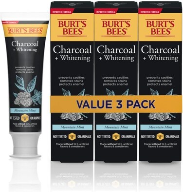 Burt's Bees Toothpaste, Natural Flavor, Charcoal with Fluoride Toothpaste, Mountain Mint, 3 X 4.7oz