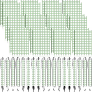 Engrowtic 24 Set Sage Green and White Gingham Pocket Notebooks with Pens