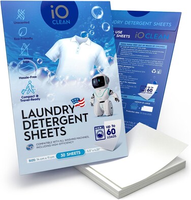 iO CLEAN Laundry Detergent Sheets, Unscented, 30 Sheets, up to 60 Loads