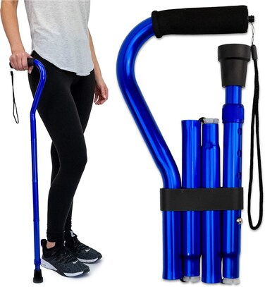 Rms Folding Cane with Offset Foam Handle, Adjustable Walking Stick (Blue)
