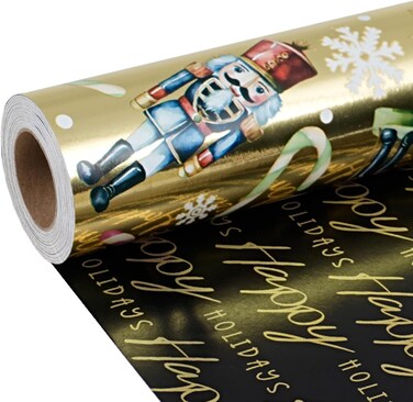Biobrown Reversible Christmas Wrapping Paper Roll, Nutcracker on Gold Foil