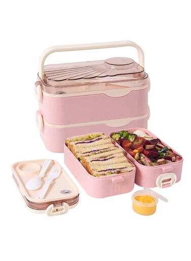 Bento Lunch Box With Sauce Container, 2-Tier Food Container With Removable Divider, Bpa-Free, Microwave And Dishwasher Safe, For Adults And Kids, Meal Prep, Work, And On The Go, Pink