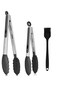 Heavy Duty Silicone Food Basting Brush and Tongs Kitchen Set, Heat Resistant with Stainless Steel for BBQ Grill, Soft Bristles and Long Handle, 2 Tongs, and 1 brush (3 in 1 Set)