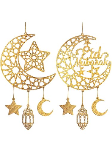 2 Pieces Eid Mubarak Door Sign Wooden Hanging Signs Ramadan Kareem Hollow Ornament Decorations Moon and Stars Moon Shape Ramadan Mubarak Party Wall Hanger for Islamic Muslim Home Decor (Gold Star)