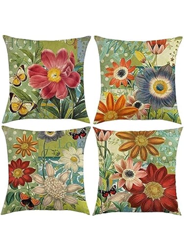 Unibedding Sunflower Throw Pillow Covers 18x18 Floral Decorative Pillow Covers Green Dot Burlap Flower Couch Cushion Cover for Outdoor Couch Sofa Bed Patio Home Fall Decoration, 4 Pack Red Green